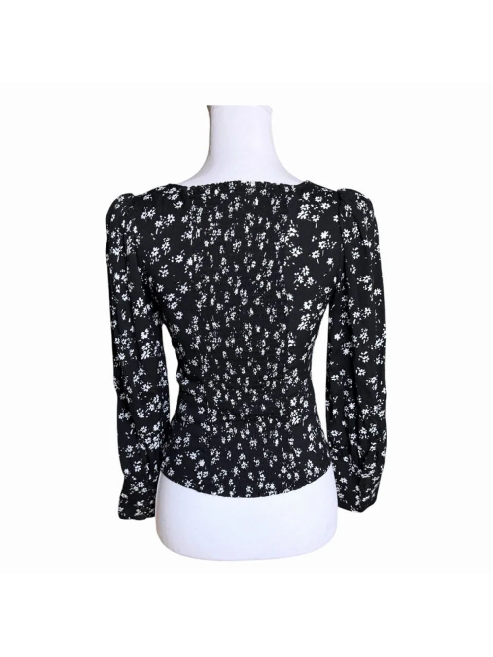 Reformation Calla Top Black White Floral Smocked Back Long Puff Sleeves EUC 4